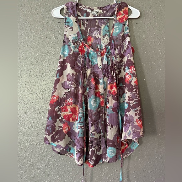 American Rag Sheer Tie Back Racer Back Purple Floral Print Blouse Size M - Picture 11 of 11